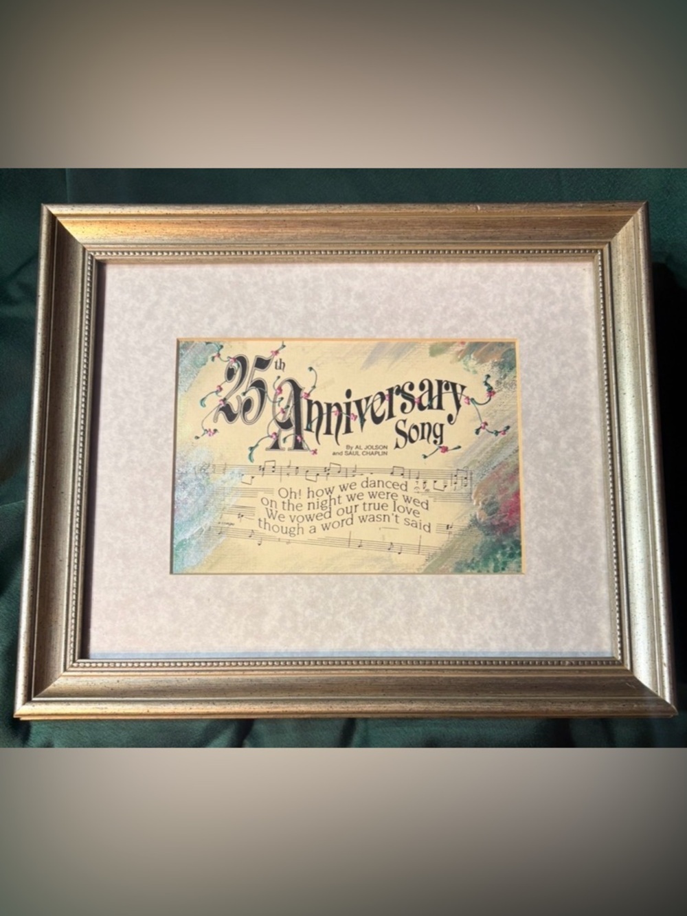 25th Wedding Anniversary Framed Artwork of The Anniversary Song Lyrics by Jolson
